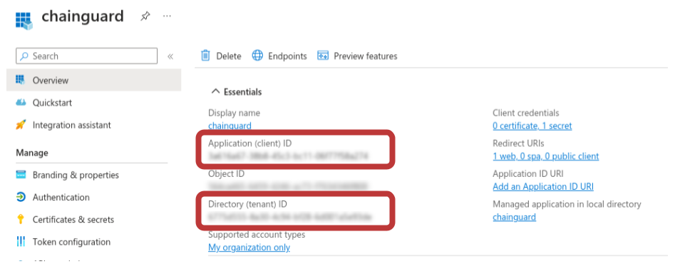 Screenshot of the Azure AD Overview tab showing the Essentials information. Th
He Application (client) ID and the Directory (tenant) ID are both highlighted in red circles.