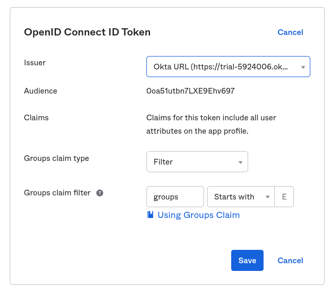 Screenshot showing the OpenID Connect ID Token section being edited. The Issuer field is set to the &ldquo;Okta URL&rdquo; option, while the rest of the options are set as their default options.