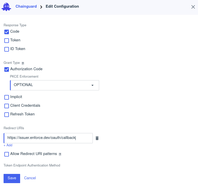 Screenshot of the Edit Configuration modal window with the following settings: Resource type is set to &ldquo;Code&rdquo;; Grant type is set to &ldquo;Authorization Code&rdquo; (with PKCE enforcement set to &ldquo;Optional&rdquo;); Redirect URIs has one option set (https://issuer.enforce.dev/oauth/callback).