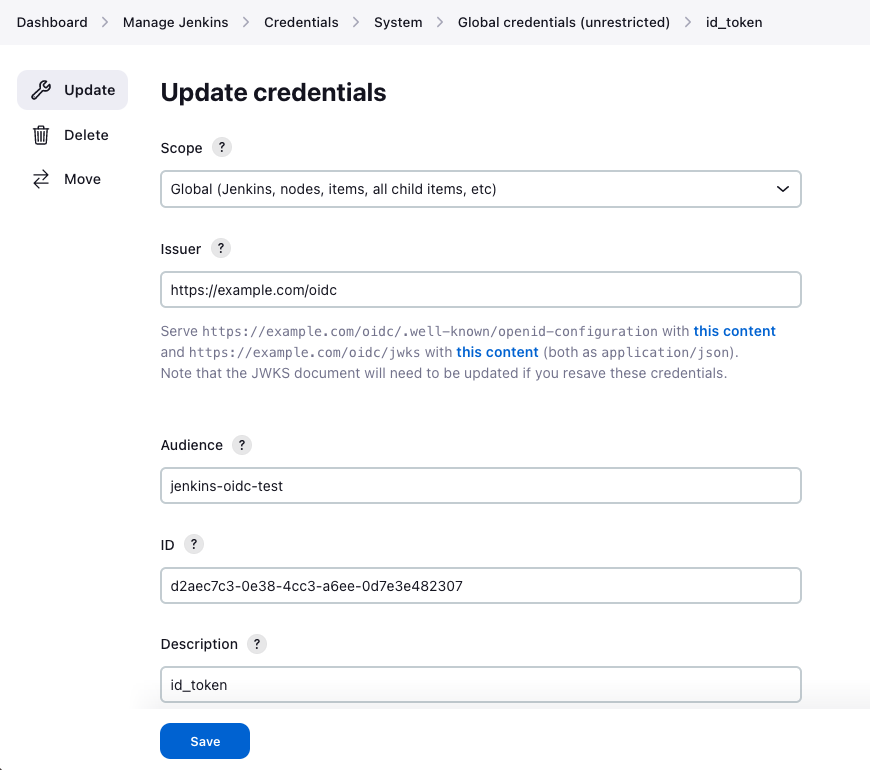 Jenkins OICD token configuration page