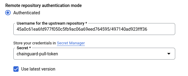 Screenshot of the Google Artifact Registry screen, showing the username and secret password configuration. The &ldquo;Authenticated&rdquo; option is selected, the &ldquo;Username for the upstream repository&rdquo; field points to a username generated by the pull-token command, and the &ldquo;Secret&rdquo; drop-down menu has &ldquo;chainguard-pull-token&rdquo; selected.